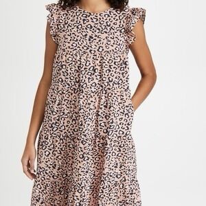 Endless Rose Leopard Print Tiered Maxi Dress Peach Ruffle Cap Tie Back XS